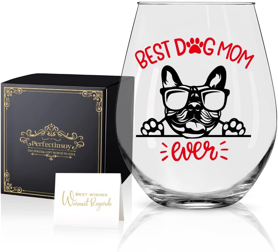Perfectinsoy Dog Mom Ever Wine Glass with Gift Box, Cute French Bulldog Themed Wine Glass for Dog Lovers, Bulldog Lover Gifts for Women Men Friends Grandma Wife Sister Aunt Bulldog Parents