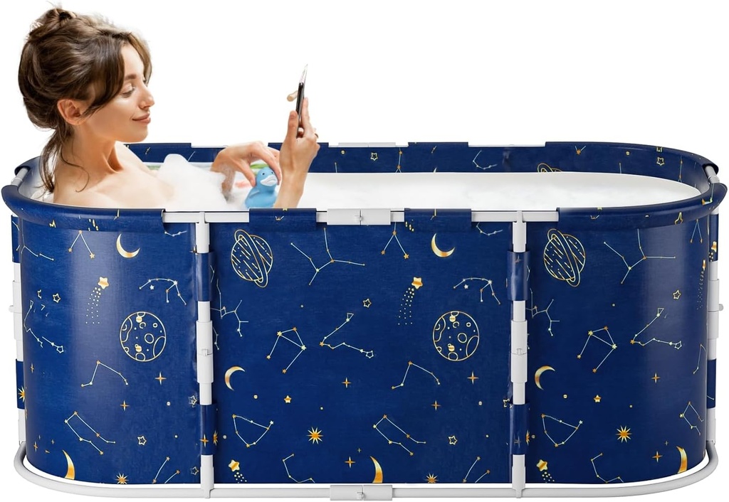 47” Portable Bathtub, Foldable Bathtub for Adults, Separate Family Bathroom SPA Therapy Tub for Shower Stall, Freestanding Surround Collapsible, Soaking Hot SPA and Ice Blue