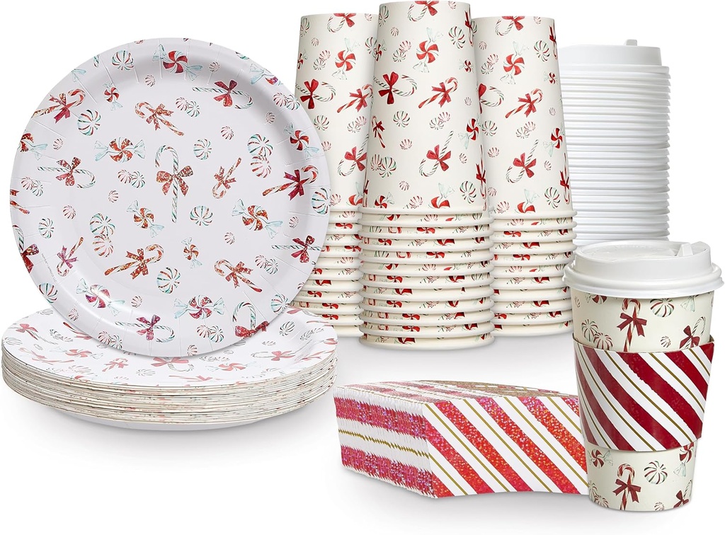 Papyrus Disposable Tabletop Plates Set - Elegant and Sturdy Plates for Any Occasion, Peppermint Candy Cane, Dinnerware Set