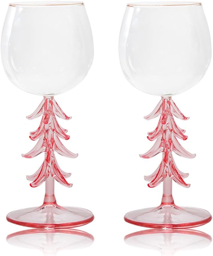 LYFJMUS 2 Pack 10 oz Christmas Wine Glass Holiday Stemmed Goblets Cup Gifts Decor for Home Bar Diner Birthday Wedding (Pink)