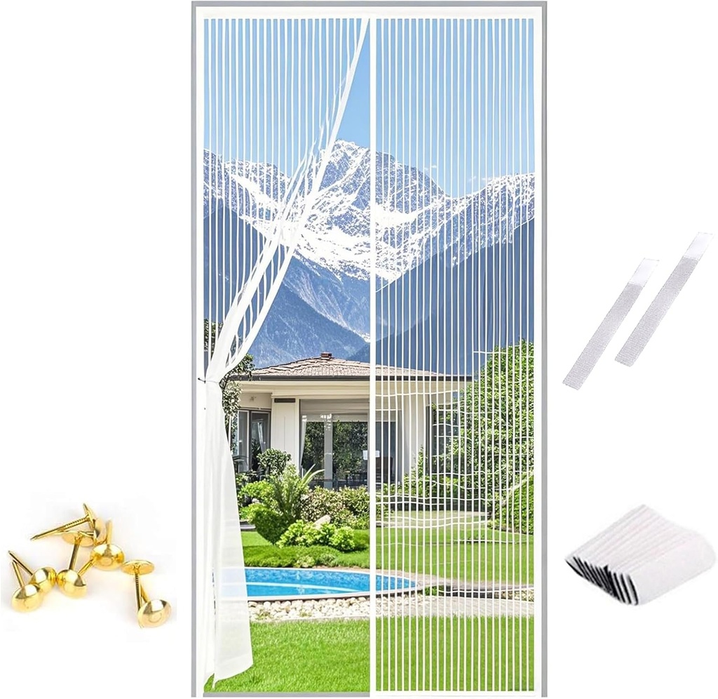 White Mesh Partition Curtain, Self Sealing Hands Free Magnetic Screen Door for Keeps Bugs Out, Easy Install, Fit Door Size 30×82 inch, Screen Size 32×83 inch, Installation Kit Include