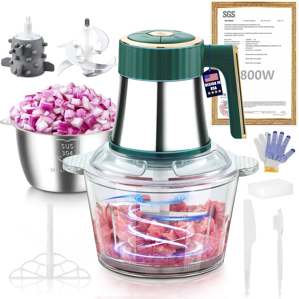 5-in-1 Electric Food Processor【800W Ultra-Powerful German Motor】【6 Titanium Steel Blades | 6S Meat Grinding】Meat Grinder for Home Kitchen Use, Food Chopper for Vegetable,Nuts, Baby & Pet Food(Green N)