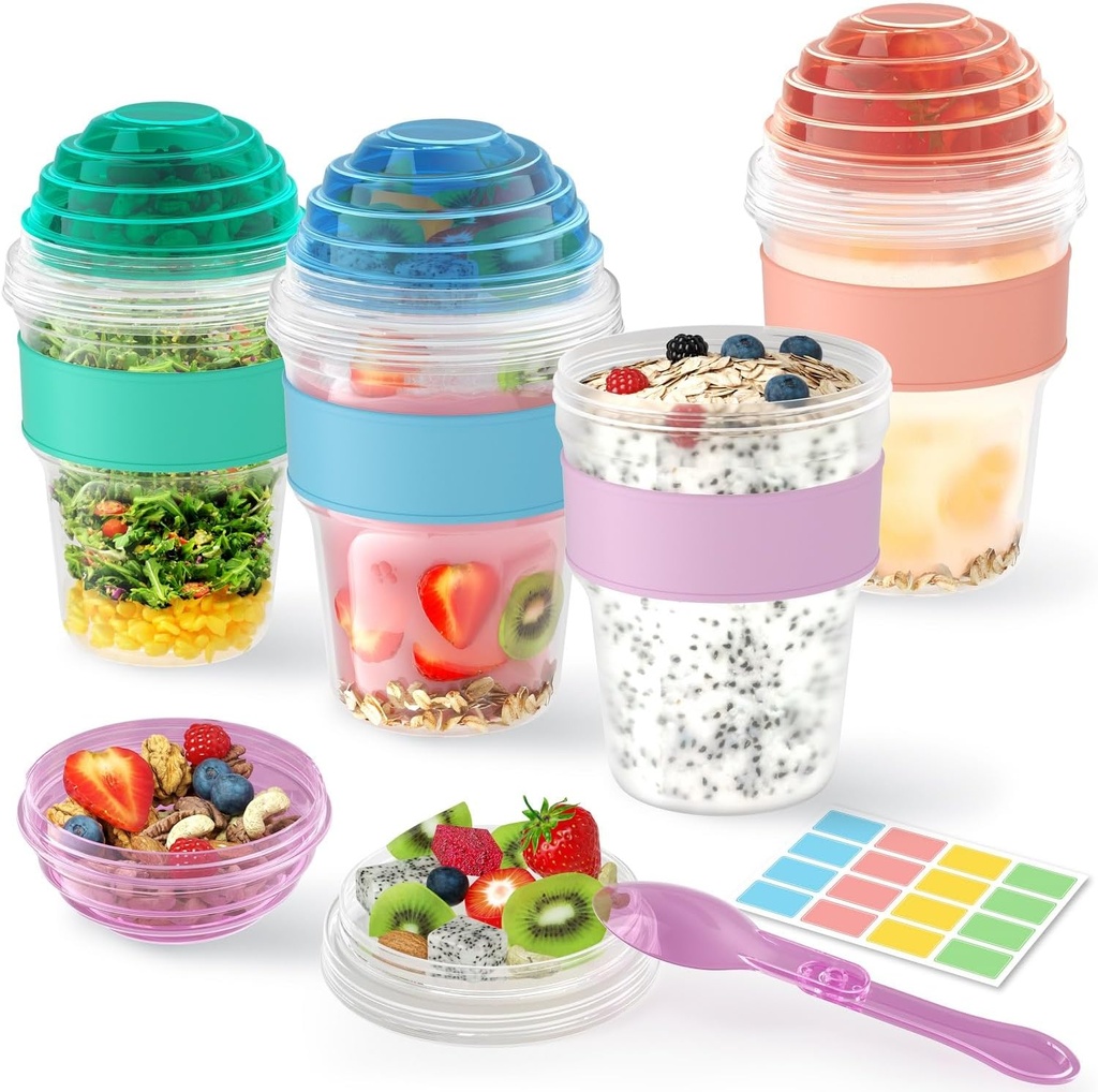 4 Pack Yogurt Parfait Cups with Lids Reusable, 20 oz Plastic Overnight Oats Containers To Go with Lids Spoons Granola Compartment for Fruit Nuts, Cereal Containers for Oatmeal, Snack, Breakfast Prep