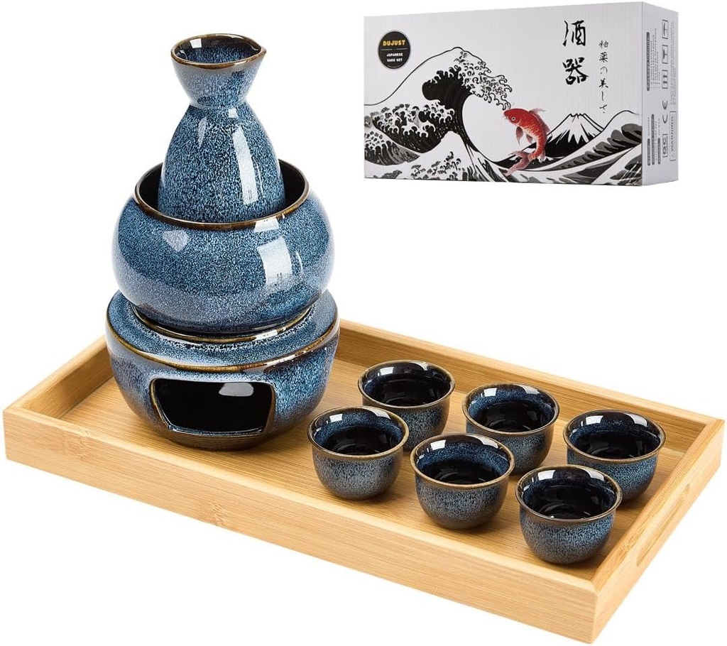 DUJUST 10 pcs Japanese Sake Set with Warmer for 6, Kiln Altered Glaze Porcelain Sake Set, 6 Sake Cups, 1 Sake Bottle, 1 Warmer, 1 Candle Stove, 1 Tray & 1 Box, Warm Sake Carafe, Japanese Gifts - Blue