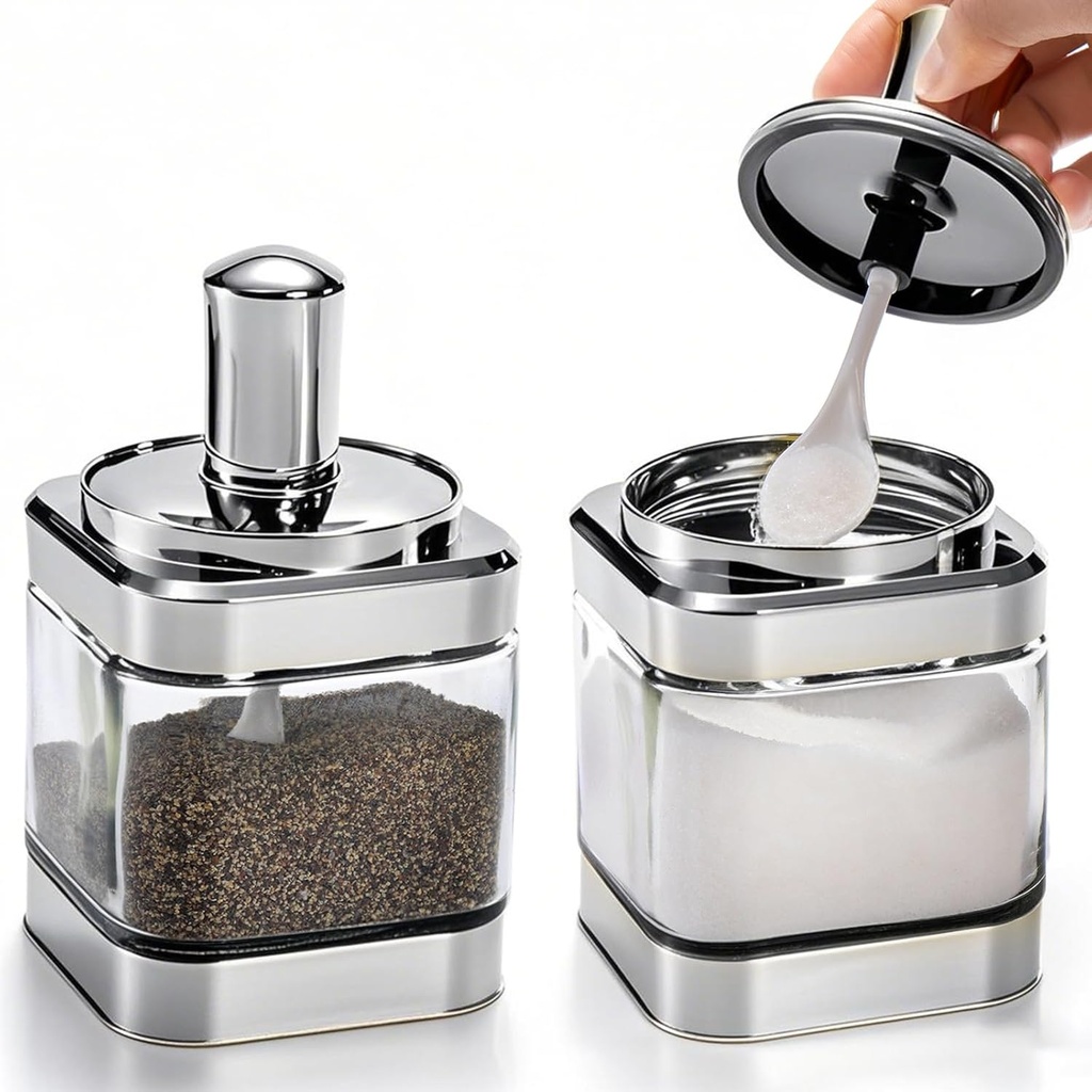 2 Pack Glass Condiment Pot, 12 Ounce Spice Jars with Spoon, Seasoning Box Set Salt Container, Sugar Dispense, Kitchen Containers for Flour and Sugar (Silver)