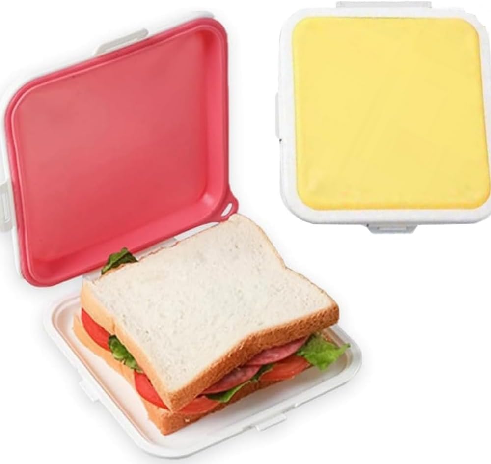 2 Pack Sandwich Containers,Silicone Toast Bread Storage Box Reusable Sandwich Box for Lunch, Outdoor Portable Food Container Microwave Dishwasher Safe (Pink,yellow)