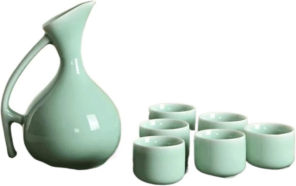 Celadon Wine Set Court Handle Hip Flask 6pcs 30ml Cups Sake Wine Gift Half Month Liquor Divider Bar Set