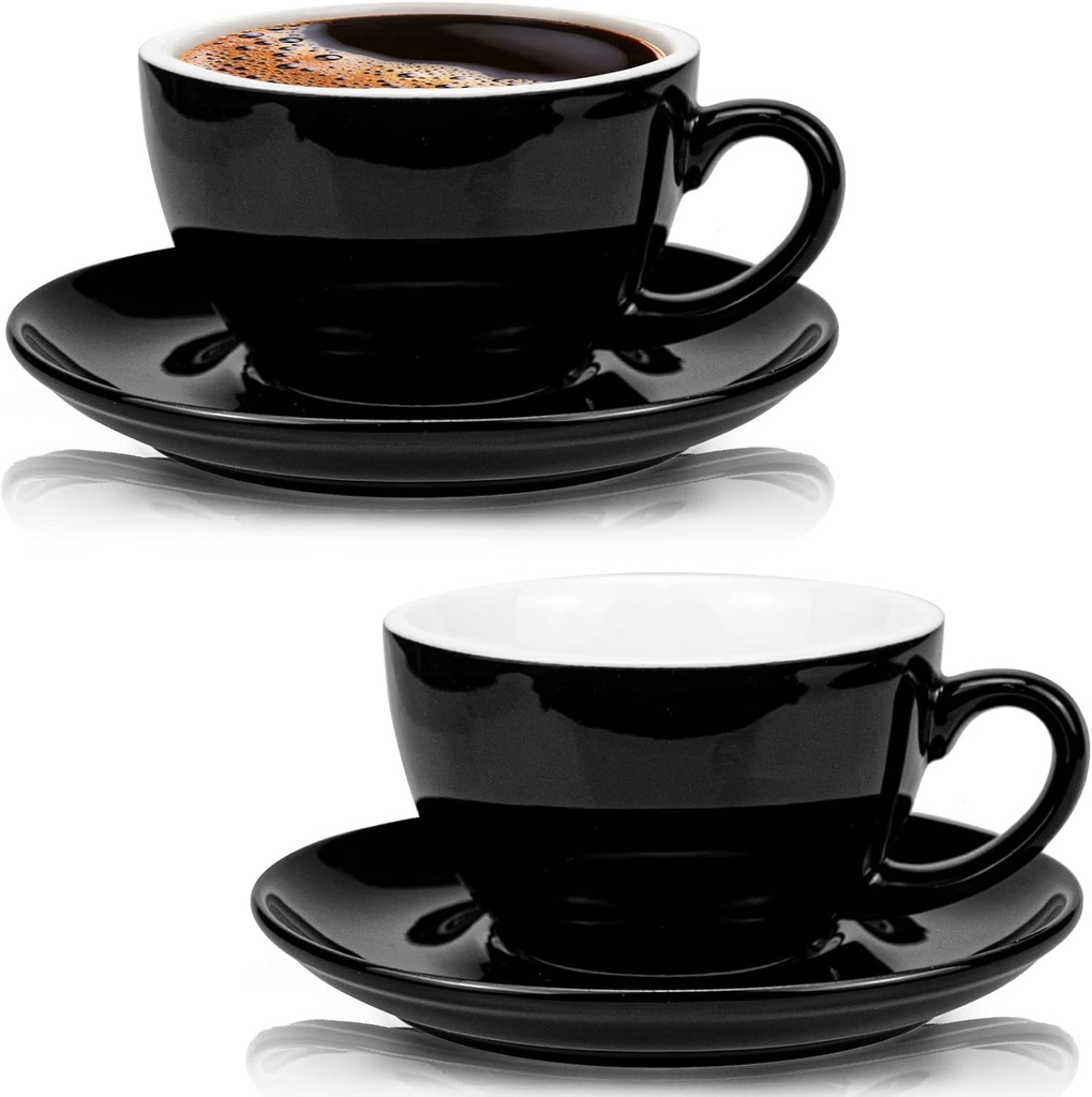 Yesland 2 Pack 8.5 oz Coffee Cup and Saucer, Ceramic Glossy Black Cappuccino Cups with Saucers for Coffee Shop and Barista, Perfect for Specialty Coffee Drinks, Latte, Cafe Mocha and Tea