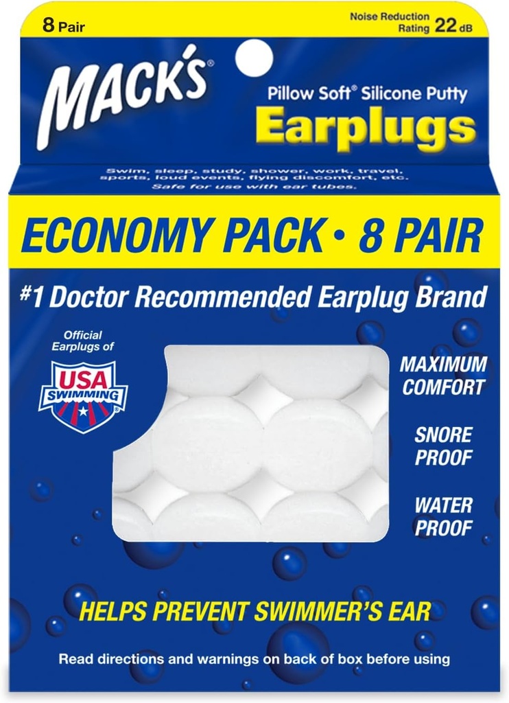 Mack's Pillow Soft Silicone Earplugs, 8 Pair - The Original Moldable Silicone Putty Ear Plugs for Sleeping, Snoring, Swimming, Travel, Concerts and Studying | Made in USA