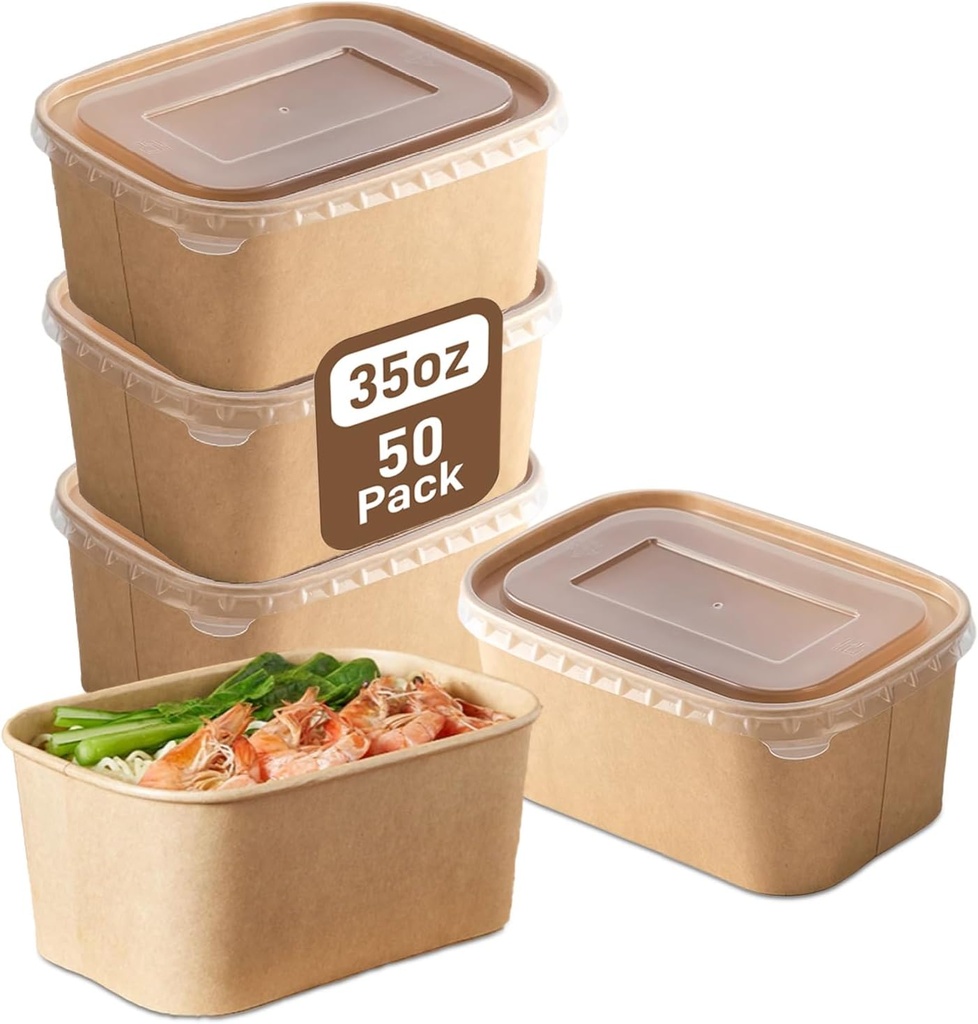 Paper Food Containers with Lids [50 pack] 35 oz Kraft Paper Meal Prep Containers with Lids, Microwavable and Freezer Storage Use Cardboard Food Containers, Disposable Take Out Containers