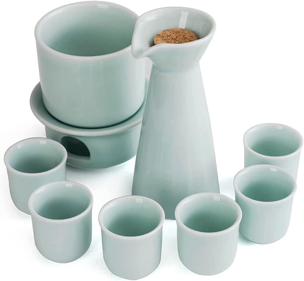 9 Pieces with Warmer, Ceramic with 6 Sake Cups, 1 Sake Pot, 1 Warm Pot, 1 Heating Stove, Best Gift for Family and Friends Cups