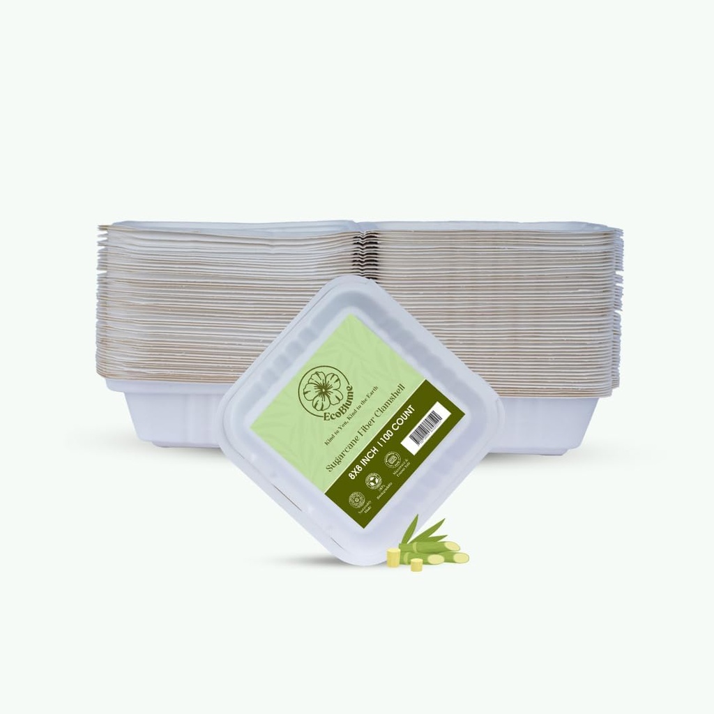 50 Pack 8x8-inch Compostable Clamshell To-Go Boxes – Sugarcane Fiber (Bagasse) Takeout Containers Eco-Friendly, Biodegradable, Leak-Proof Food Containers for Meal Prep, Restaurants, and Events