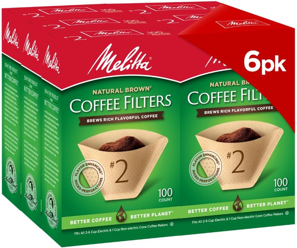 Melitta #2 Cone Coffee Filters, Natural Brown, 100 Count (Pack Of 6), 600 Total Filters - Fits all 2-6 Cup Cone Coffee Makers and 1-cup Pour-Over Brewers, Compostable, Tear-Resistant, Made in USA