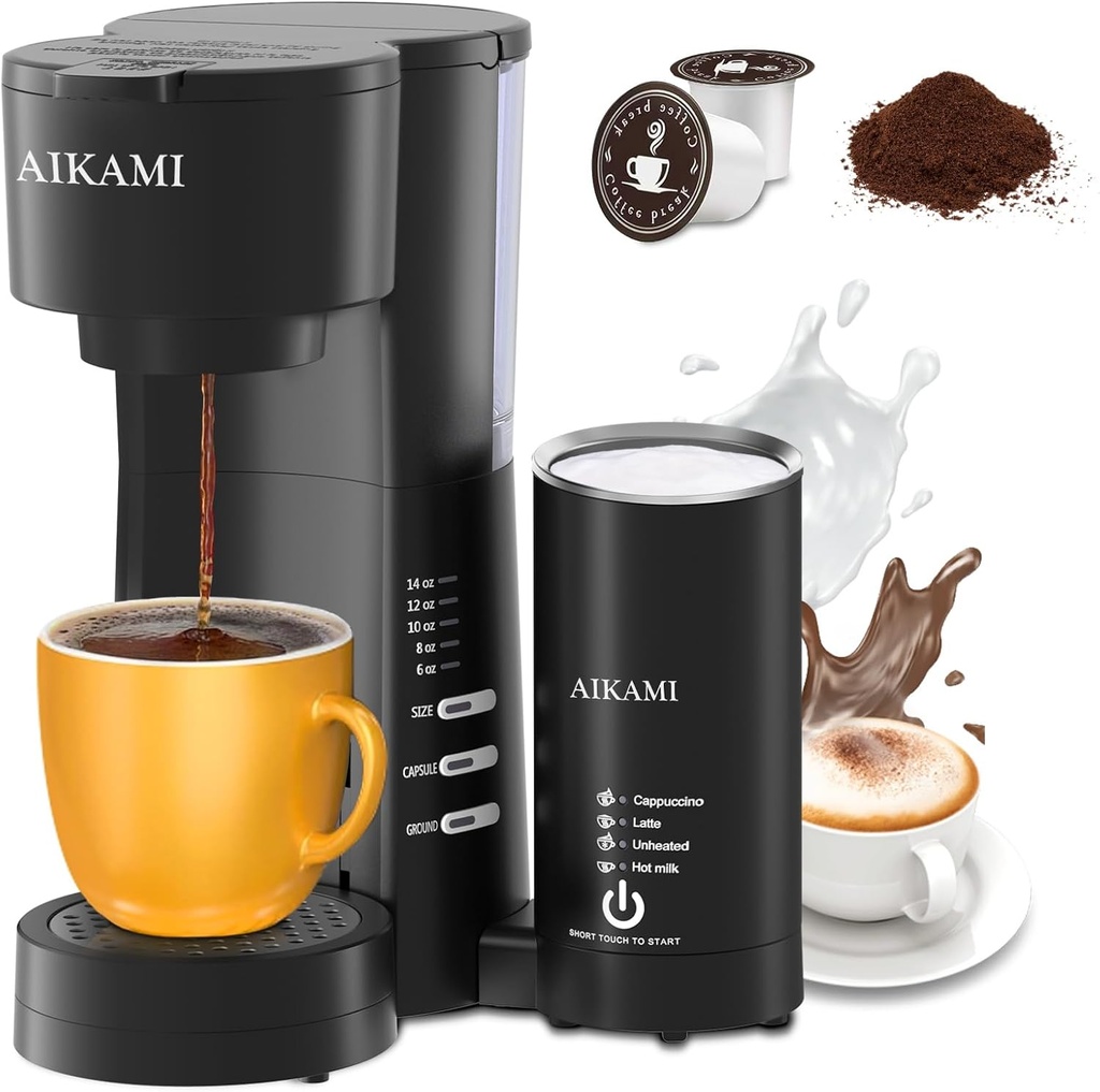 Single Serve Coffee Maker for K Cup & Ground Coffee with Milk Frother, 6 to 14 Oz Brew Sizes, Auto-Off Coffee Machine with Water Reservoir