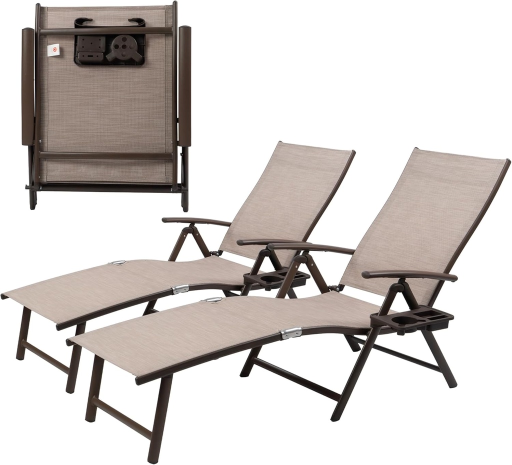 Kozyard Cozy Aluminum Reclining Lounge Chair for Beach Yard Pool Deck Patio - Outdoor Chaise Lounge with Drink Holder, Weather Free, Adjustable - Assemble-Free (2 Pack, Beige)