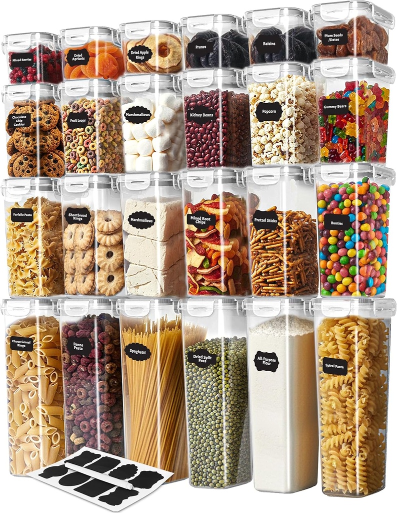KICHLY Airtight Food Storage Containers Set with Lids – 24 Pack BPA-Free Plastic Pantry Organizers for Cereal, Flour, Sugar & Dry Food (Clear)