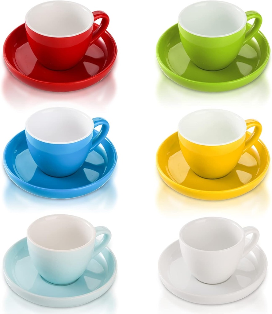 DEAYOU Set of 6 Espresso Cups with Saucers, 3 Oz Tiny Porcelain Demitasse Cups, Small Ceramic Espresso Shots Cup for Coffee, Assorted Colors