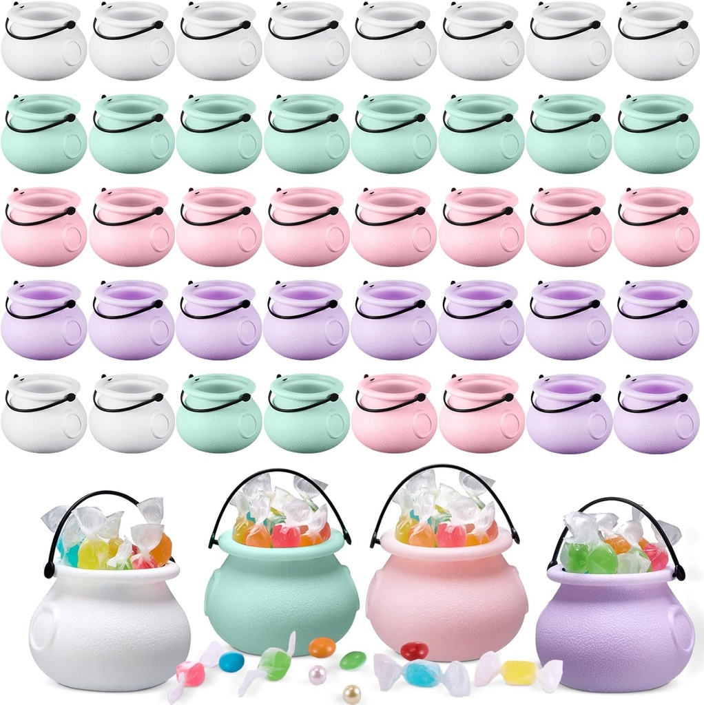 Roowest 40 Pcs Halloween Mini Plastic Cauldron 3" Small Black or Colorful Witch Calderon Pot with Handle Trick or Treat Candy Kettle Bucket for St. Patrick's Day, Halloween Party Favor (Retro Style)