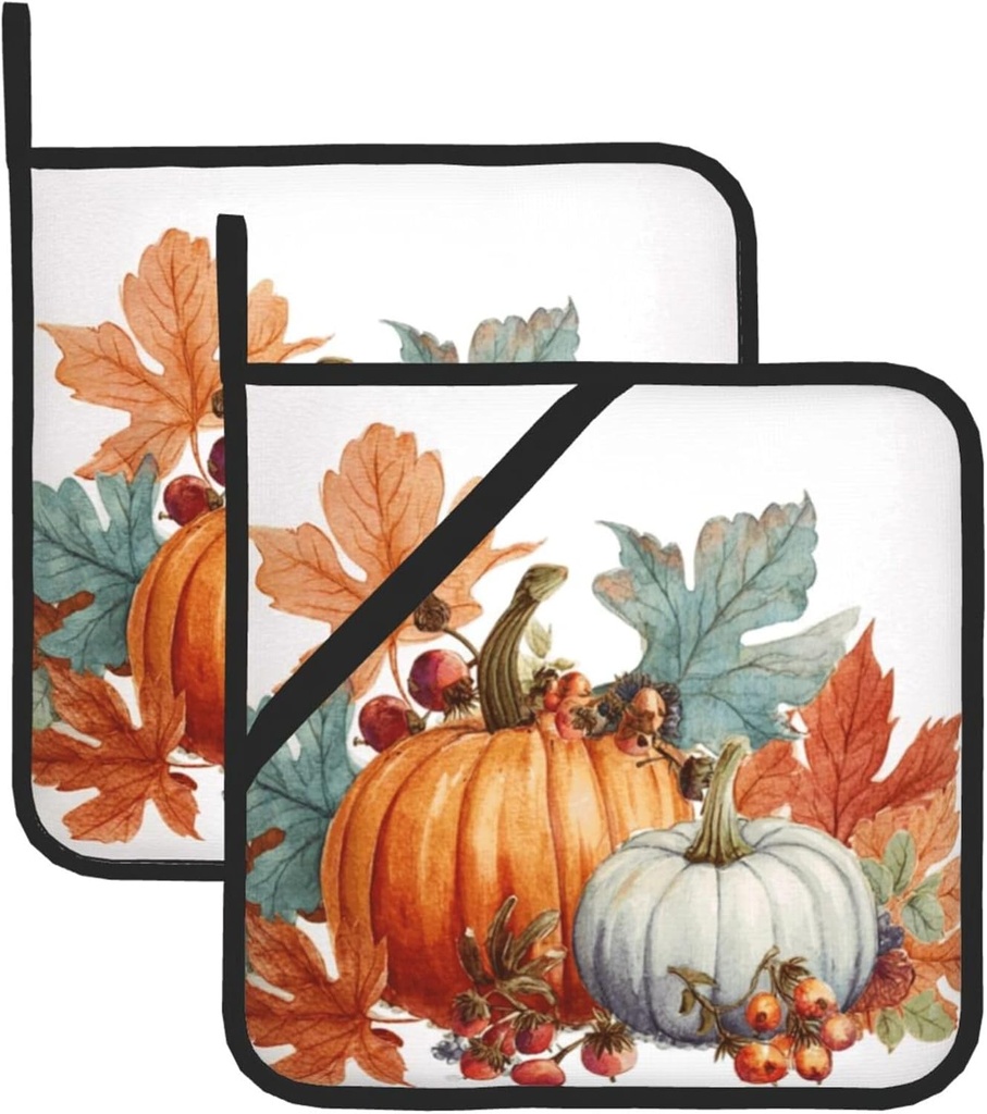 Fall Berry Pumpkin Pot Holders Set of 2 Autumn Leaves Kitchen Decors Heat Resistant Potholder Cotton Lining Oven Hot Pads for Cooking Baking Microwave Oven End Dishes BBQ