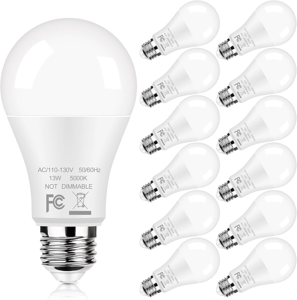 GoBright 12-Pack A19 LED Light Bulbs, 100W Equivalent Bulbs, 13W 5000K Daylight White LED Bulbs with Standard E26 Medium Base, Super Bright 1500 Lumens, CRI85+, No Flicker Non-Dimmable Bulb for Lamp