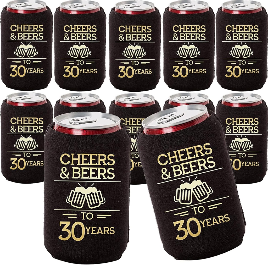 Cheers and Beers to 30 Years Can Coolers, Set of 12 - Black and Gold 30th Birthday Decorations and Party Favors for Men and Women - Cheers to 30 Years