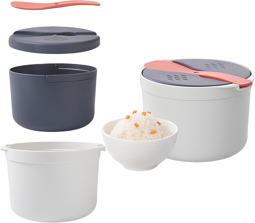 Qivine Microwave Rice Cooker Steamer, 2L Microwave Pasta Cooker, Microwave Cookware Set with Strainer Non-stick Food Grade for Cooking Vegetables Up to 8 Cups