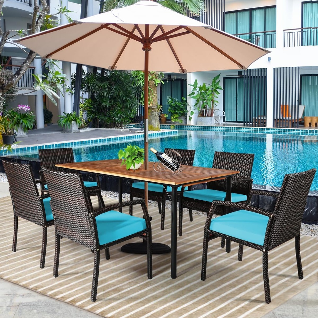 COSTWAY 7-Piece Outdoor Patio Furniture Set, Rattan Dining Table & Chairs with Cushions, Umbrella Hole & Tempered Glass Tabletop, Modern Garden Rattan Set for Backyard, Poolside, Balcony (Turquoise)