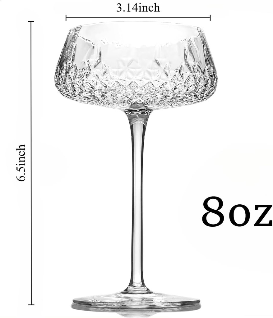 Crystal Coupe Glasses, Set of 2 Vintage Martini Glasses, 8oz Retro Champagne Glasses, Elegant Cocktail Glassware for Bar Drinks and Classic Art Deco Decor (2 SET)