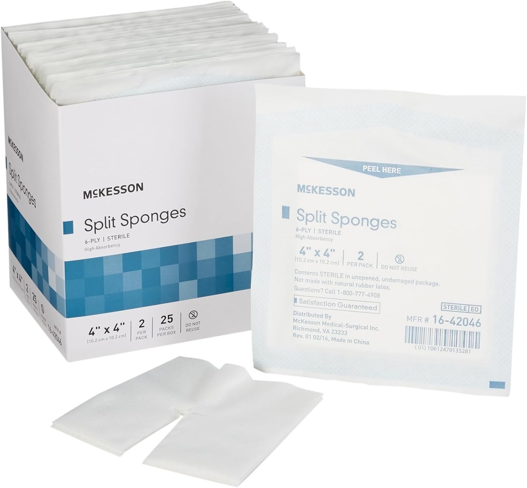McKesson Split Sponges High Absorbency, 6-Ply Sterile, I.V. and Tracheostomy Dressings, Polyester/Rayon Blend, 4 in x 4 in, 2 Per Pack, 25 Packs, 50 Total