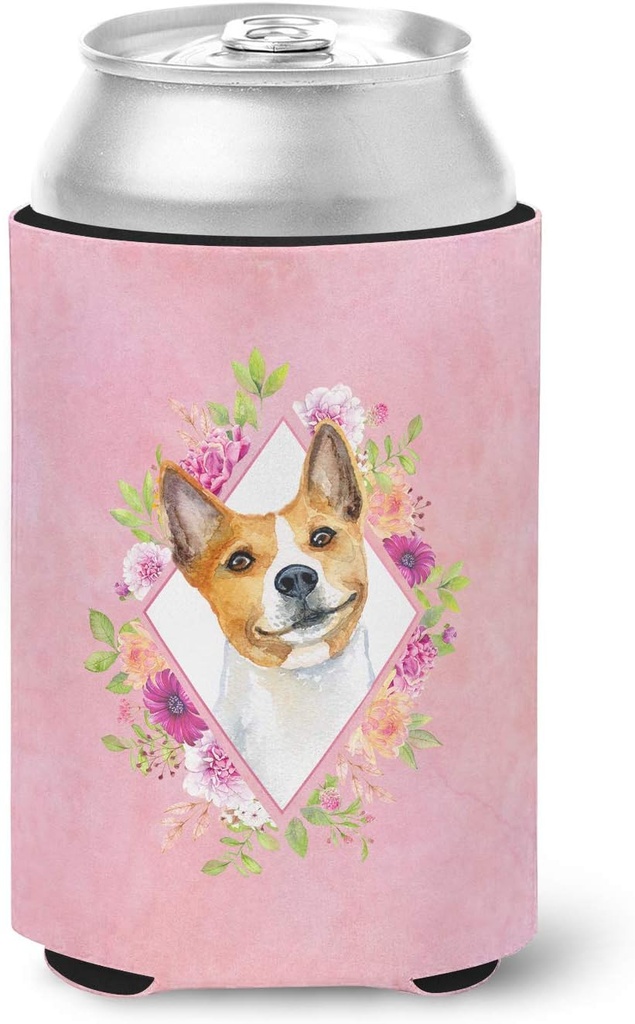 Caroline's Treasures CK4115CC Basenji Pink Flowers Can or Bottle Hugger Cooler Washable Drink Sleeve Collapsible Beverage Insulated Holder, Can Hugger, Multicolor