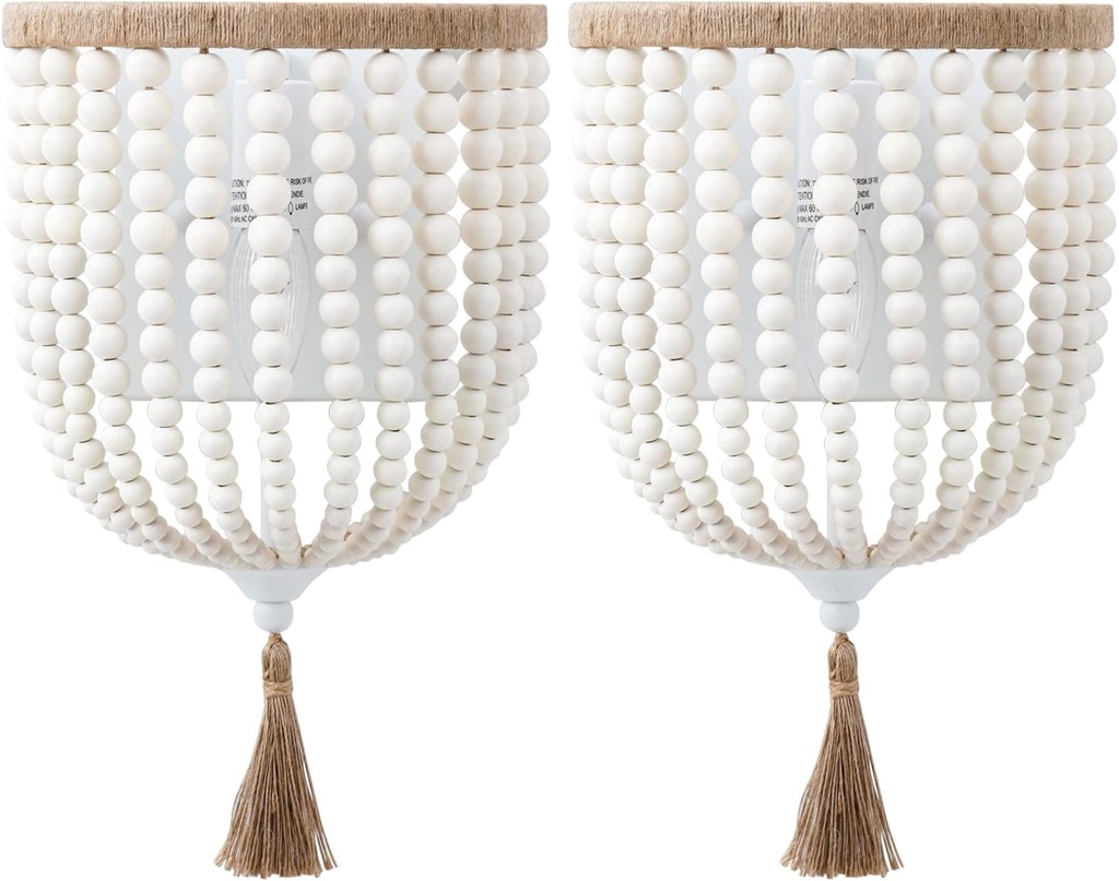VILUXY Bohemia Wood Beaded Wall Sconces Bedside Antique Rustic Wall Sconce Lighting Fixture White Finishing for Bedroom, Hallway, Entryway, Passway, Bathroom, Vanity 2 Pack