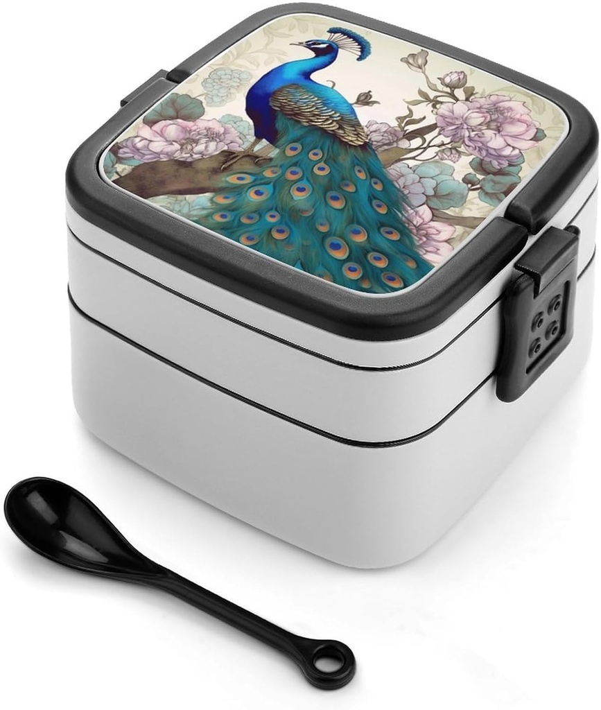 Bento Box for Adult Peacock Floral Bento Lunch Box with 2 Compartments Stackable Lunch Container Reusable Food Storage Container Meal Prep Snack Containers