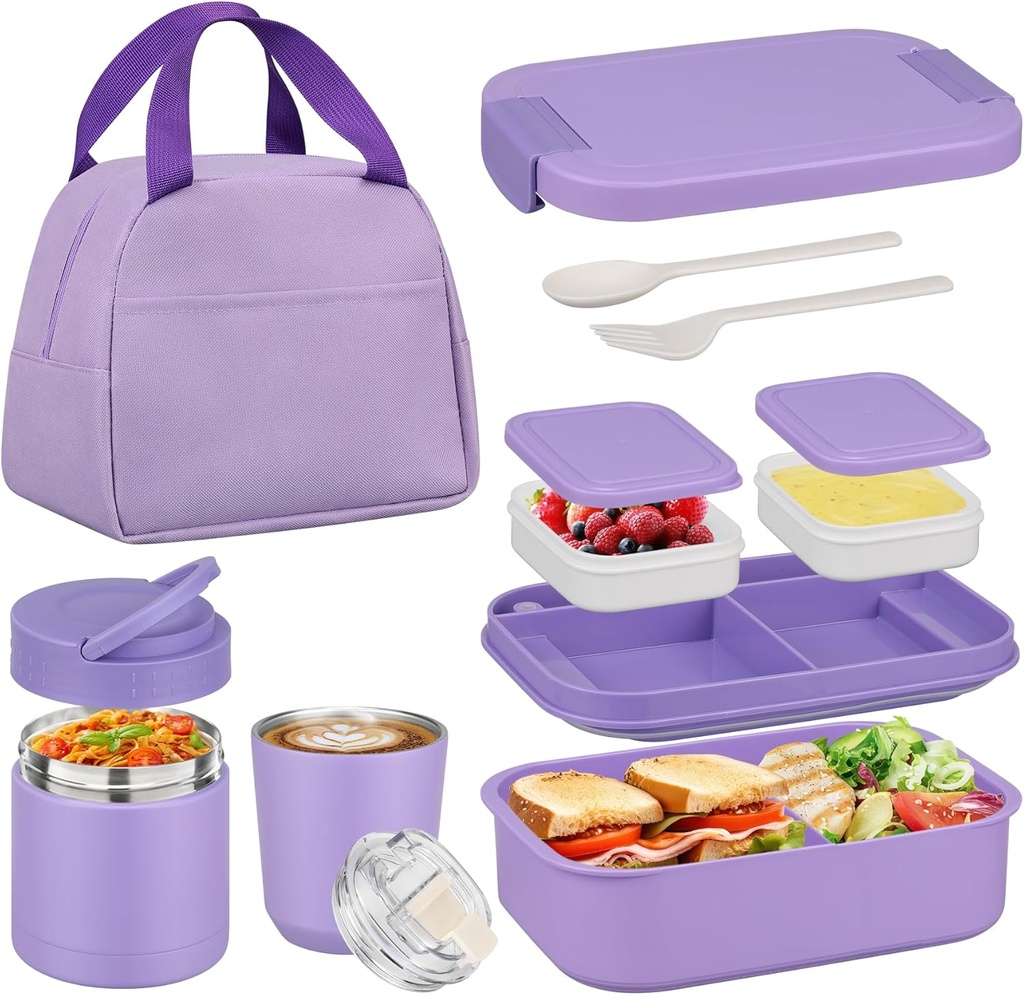 Bento Lunch Box Set with 10.5oz Soup Thermo Food Jar for Adults Kids, Stainless Steel Leak-proof Lunch Container with 4 Compartment, Coffee Tumbler with Lunch Bag for School Travel Office-Purple