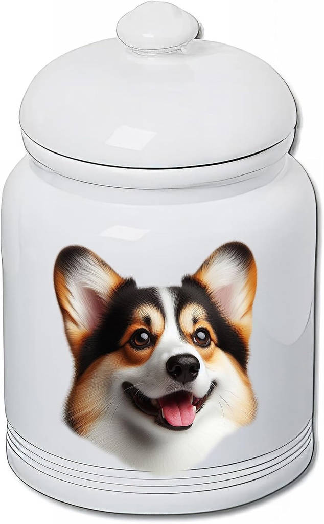 Best of Breed Corgi Pembroke Welsh Open Tri Dog and Cat Ceramic Treat Jar 9" Tall Air Tight Seal All White