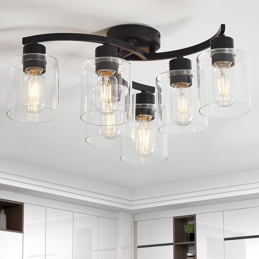 6-Light Semi Flush Mount Ceiling Light, Black Dining Room Light Fixtures, Modern Light Fixtures Ceiling Mount with Clear Glass Shades, Kitchen Lighting Fixture Ceiling for Bedroom, Entryway