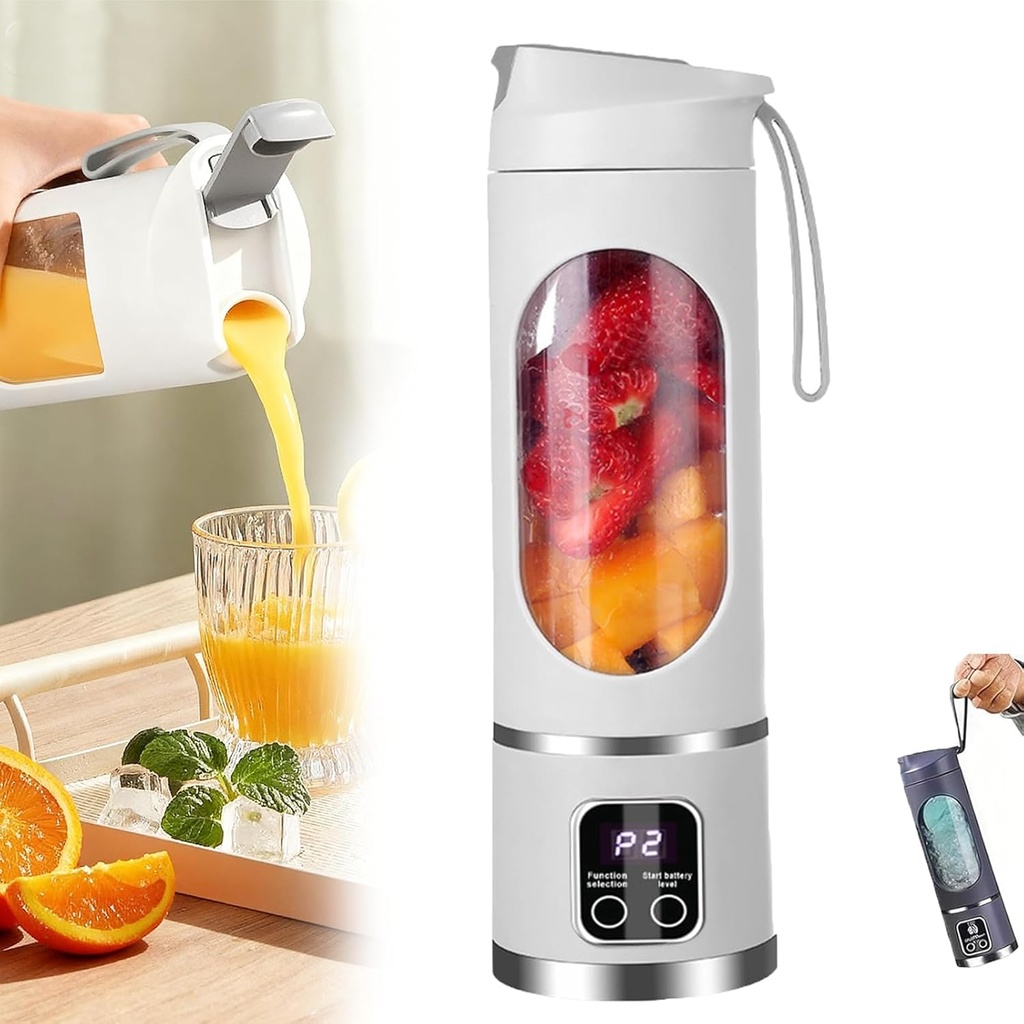 Digital Display Juicer - Smart LED Display, USB Rechargeable 450ml Portable Digital Multimode Juicer Blender, Diet-Friendly, Leak Proof Design for Smoothies (White)