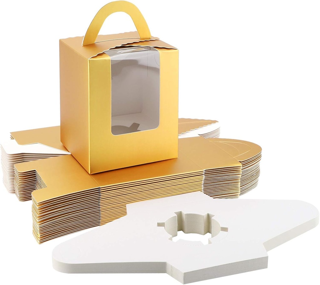 EUSOAR Gold Cupcake Boxes, 25pcs 3.6"x 3.6"x 4.3" Single Cupcake Carrier with Window Insert and Handle, Kraft Pastry Containers, Muffins Cupcake Carriers for Bakery Wrapping Party Favor Packing