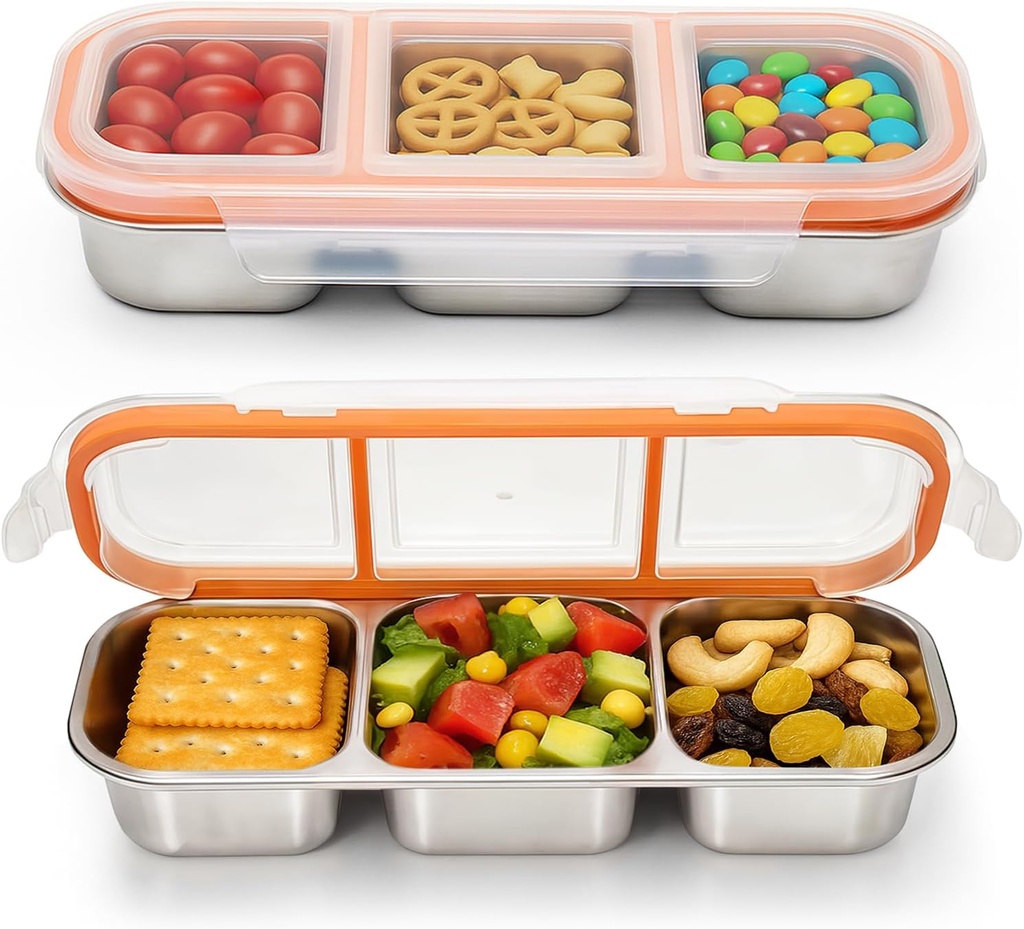 2Pack Stainless Steel Snack Containers for Kids & Adults, Reusable 3 Compartment Snack Containers with Lids, Leak Proof Metal Lunch Box, Stackable bento Box for Home, School and Travel