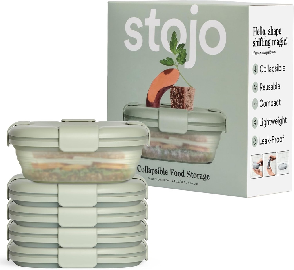 STOJO Collapsible Sandwich Box – 24oz, Reusable Food Storage Container, Silicone Bowl for Hot/Cold Food – Meal Prep, Lunch, Camping, Hiking – Dishwasher Safe (Set of 5, Translucent Sage)