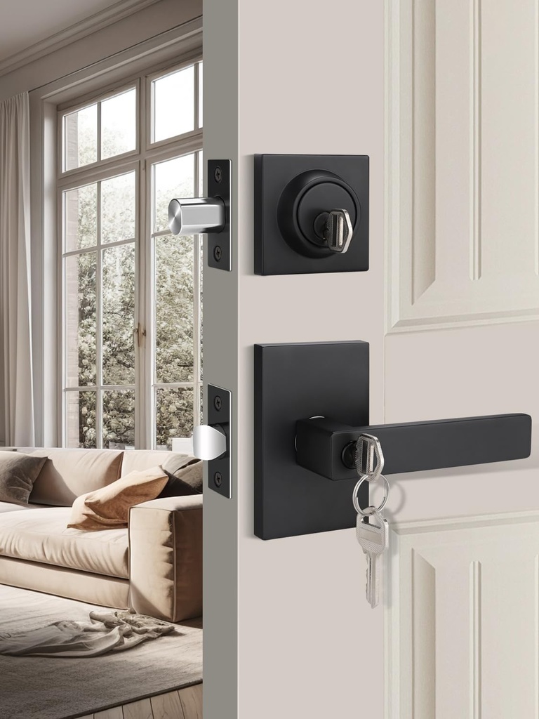 EHOMEWARE 2 Set Entry Door Locksets with Deadbolt, Matte Black Door Handle Set, Interior Door Knobs with Lock and Key, Keyed Alike Lever Door Handle, Heavy Duty Door Hardware