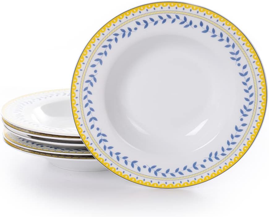 Braque Ceramic Pasta Plates 10oz, 8.5 in, Set of 6- Serving, Salad, Dinner Plate- Microwave, Oven & Dishwasher Safe, Scratch Resistant, No-Spilling Design Dinnerware- Kitchen Porcelain Dish-Olive Vine