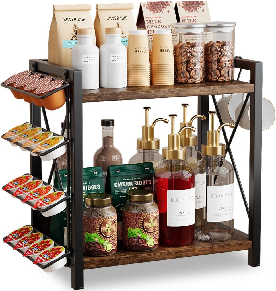 Coffee Bar Shelf Accessories Organzier for Countertop with K Cups Holder, 2 Tier Coffee Stand Station Organizer for Countertop with 2 Hooks(Black)