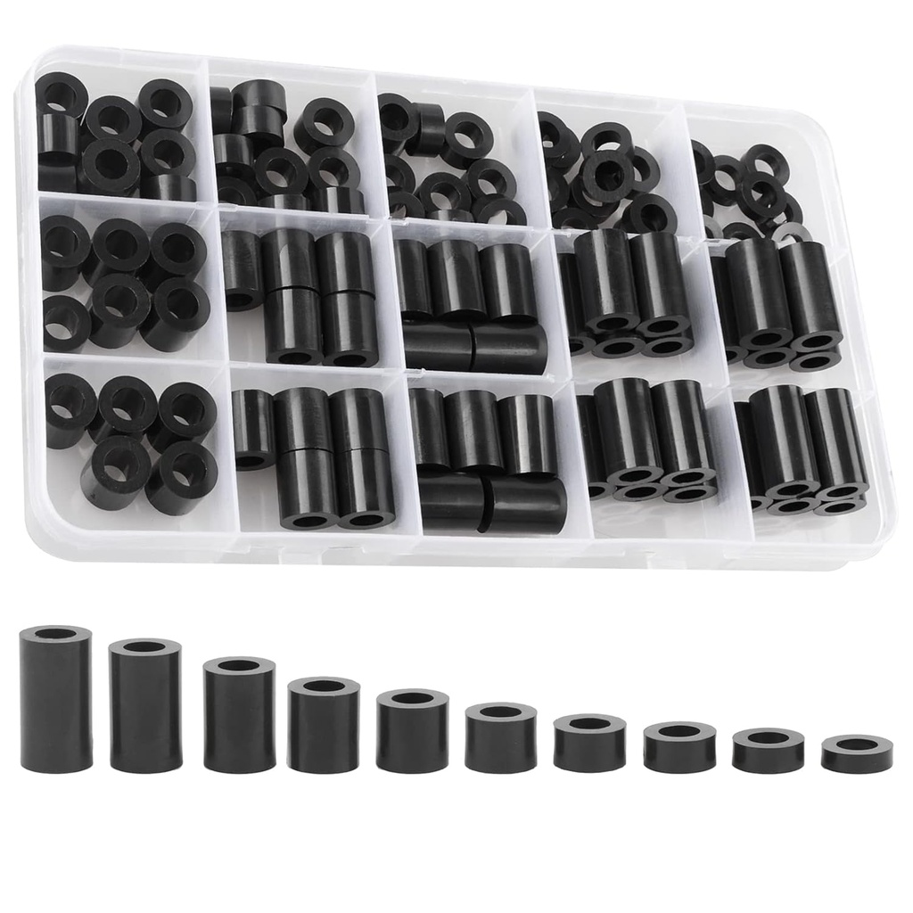 Exqutoo Black ABS Round Washers ID 6.2mm,OD 11mm, 3mm 4mm 5mm 6mm 8mm 10mm 15mm 18mm 20mm Length, Assortment Kit, Non-Threaded, Suitable for M6 Screws Hardware Spacer Bracket