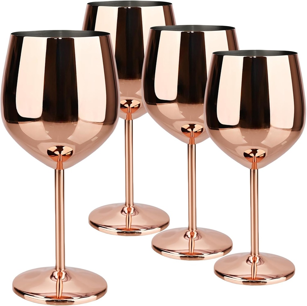 TJ Wine Glasses Stainless Steel Set of 4, Unbreakable Wine Glass 17oz, Wine Accessories Cool Wine Glass, Wine Goblets for Outdoor, Travel, House Warming, Valentines, Anniversary, Rose
