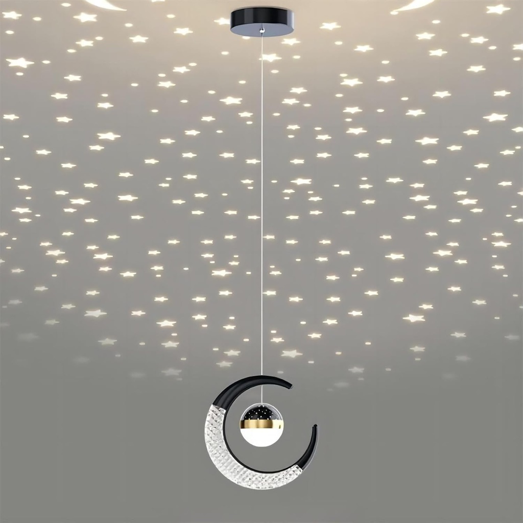 7.9-Inch Moon Shaped Star Bedside Pendant, Acrylic Pendant Light, Modern LED Pendant for Bedroom, Living Room - 2-Piece Set, Black Warm Light