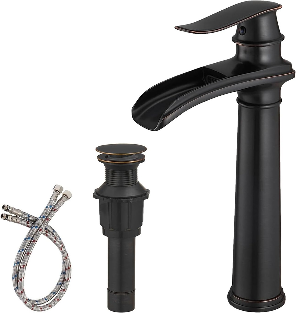 BWE Bathroom Vessel Sink Faucet Waterfall Spout Single Handle One Hole Oil Rubbed Bronze Tall Vessel Lavatory Vanity Faucet with Pop Up Drain Assembly and Supply Hose
