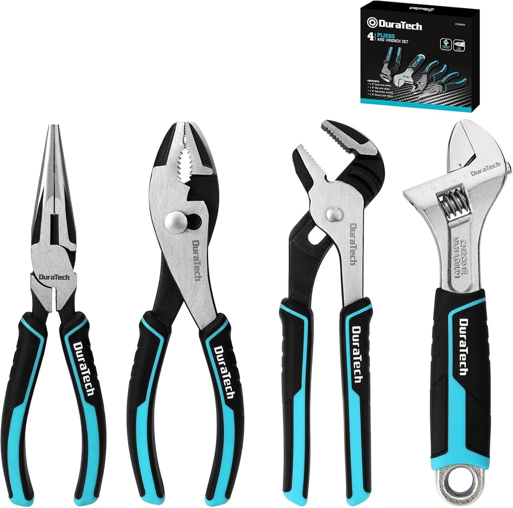 DURATECH 4-Piece Pliers Set, 8" Long Nose, 8" Slip Joint, 8" Groove Joint and 8" Adjustable Wrench, for Home Use