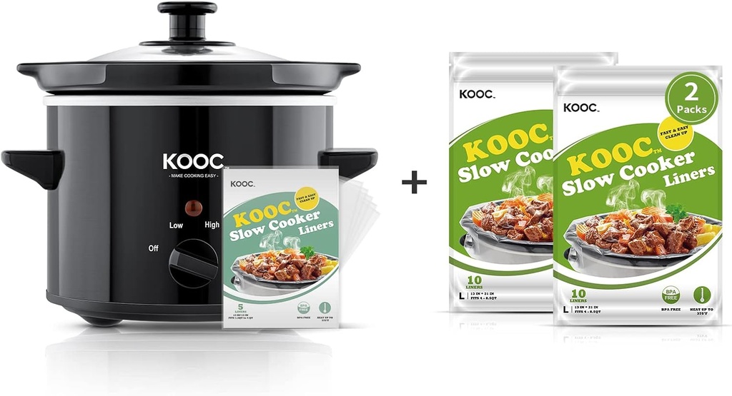[Bundle Group] KOOC Slow Cooker 2-Quart (with 5 Bonus Free Liners) + Additional 2 Pack Liners(20 Count) for Easy Clean-up, Upgraded Crock Pot, Adjustable Temp
