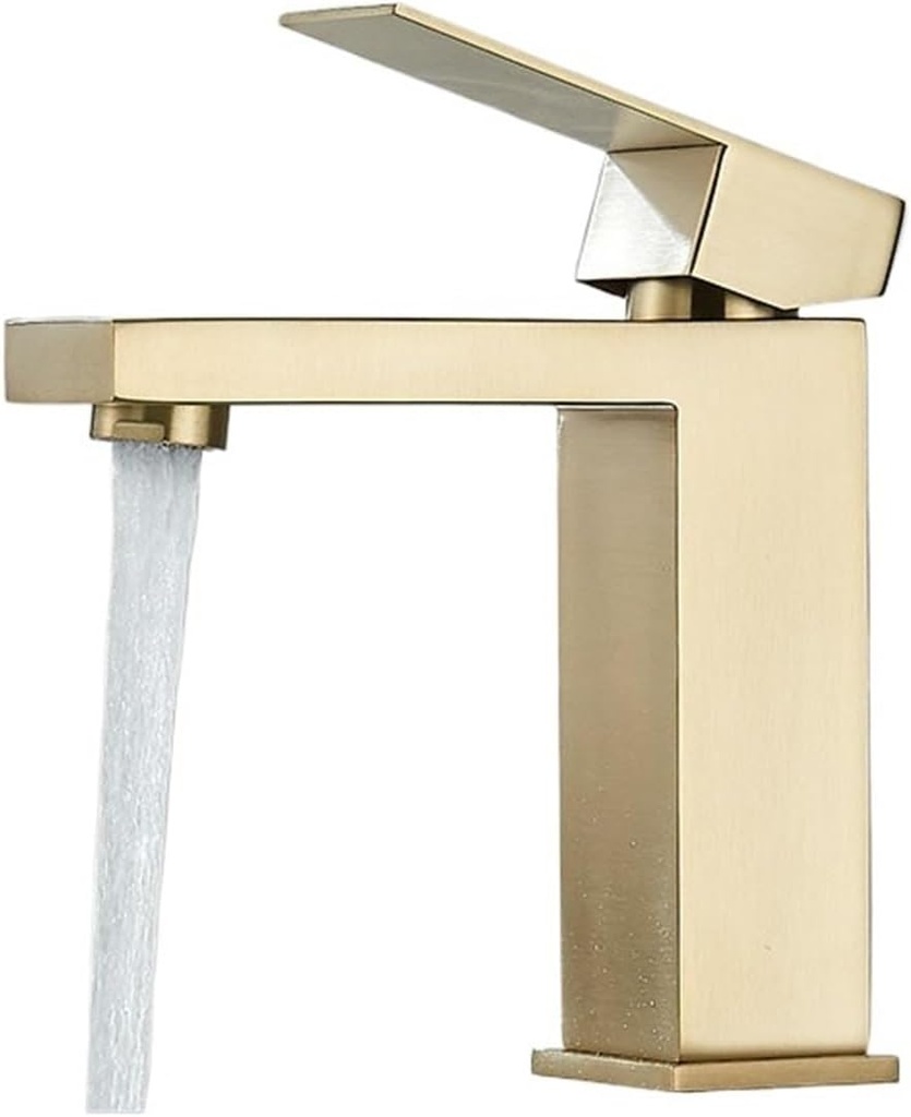 1PCC Stainless Steel Bathroom Basin Sink Faucet Hot and Cold Mixer Wash Crane Deck Mount Square Single Hole Sink Mixer Faucet (Color : Brushed Gold Short)