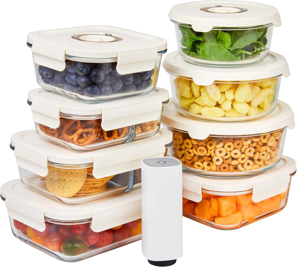 HOLDN’ STORAGE Vacuum Food Storage Containers, Set of 8 Glass Containers & Electronic Pump - Keep Food Fresh Longer, BPA-Free Glass, Leak-Proof, Ideal for Meal Prep, Marinating
